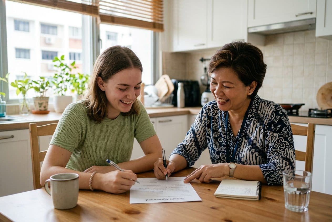 A residence manager helping a student settle in