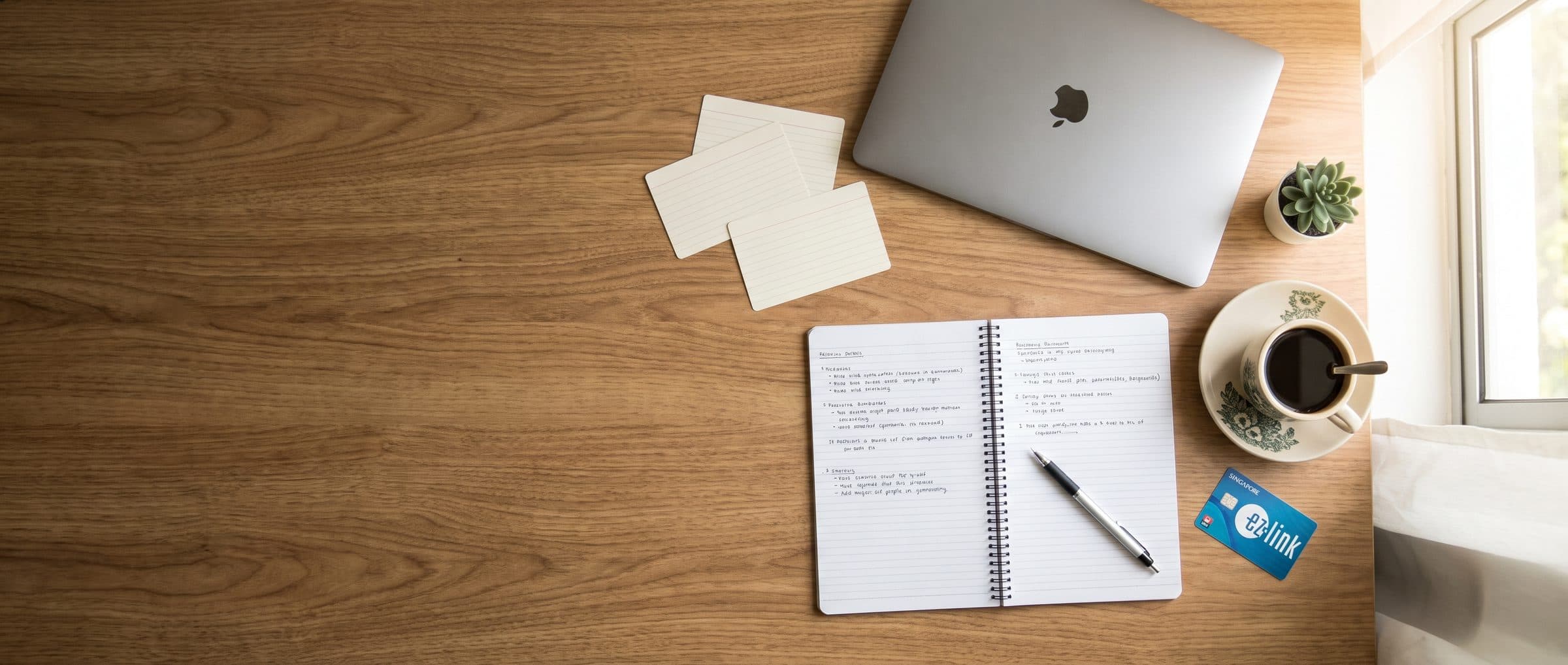 Study desk with notebook, laptop and coffee