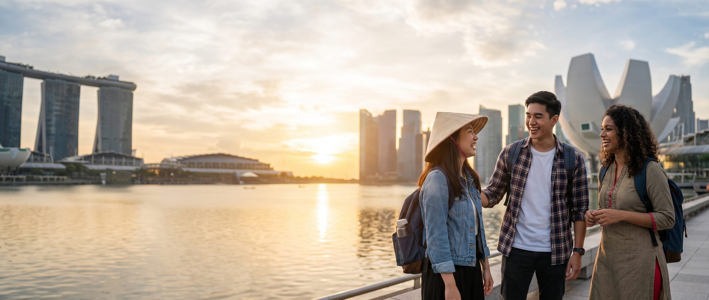 International students enjoying the Marina Bay skyline in Singapore